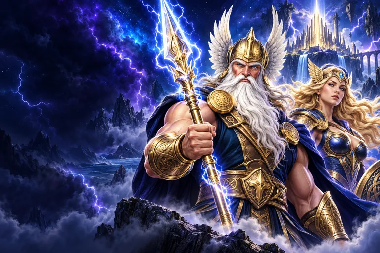 Goldene Rüstungen und violette Blitze in einer nordischen Fantasy-Szene